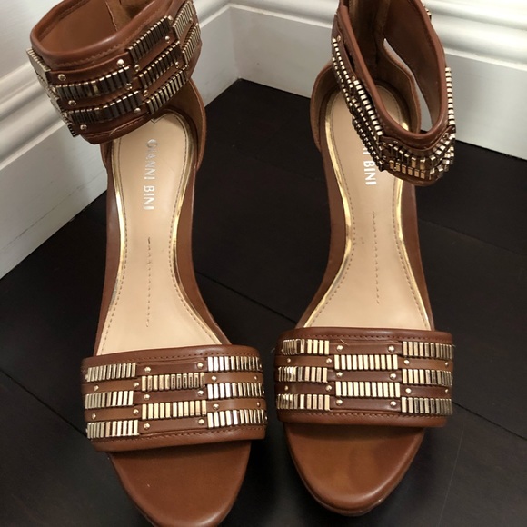 Gianni Bini Shoes - Gianni Bini brown gold beaded ankle strap wedges 7
